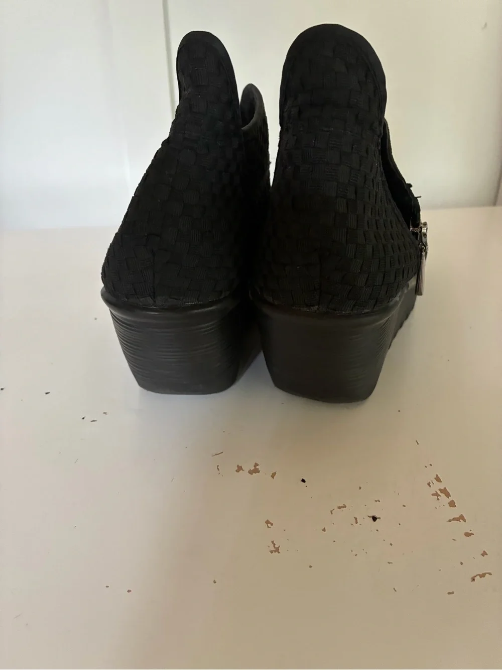 bernie mev. Black Woven Wedge Booties with Side Zipper